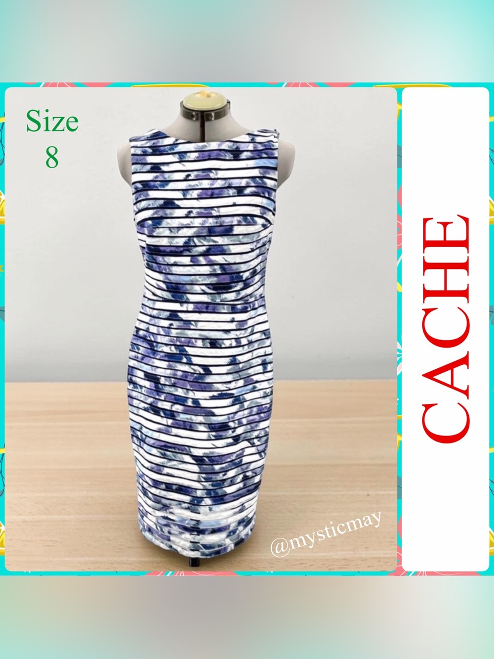 CACHE Purple Multicolor Watercolor Print Sleeveless Striped Sheath Dress Size 8